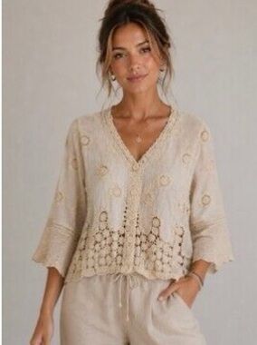 LIV Los Angeles Cream Crochet-Trim Button Front Blouse